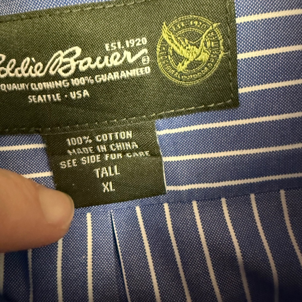 Eddie Bauer Mens XL Tall Blue White Striped Wrinkle Resistant Relaxed Fit Shirt - Picture 4 of 5